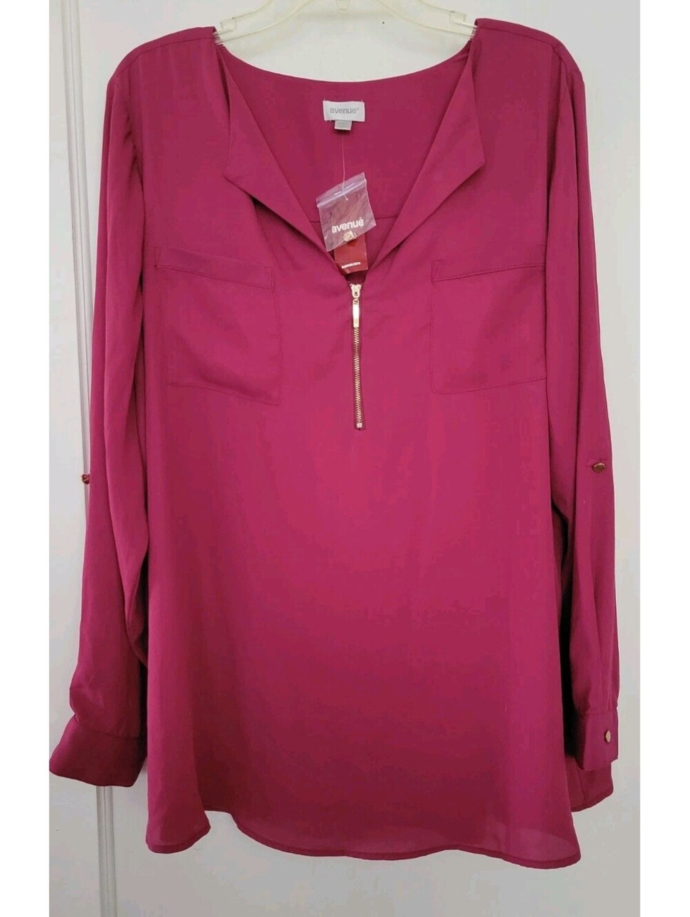 Avenue Blouse 22/24 Burgundy Plus Size 3/4 Zip Front Long Sleeve Top NWT